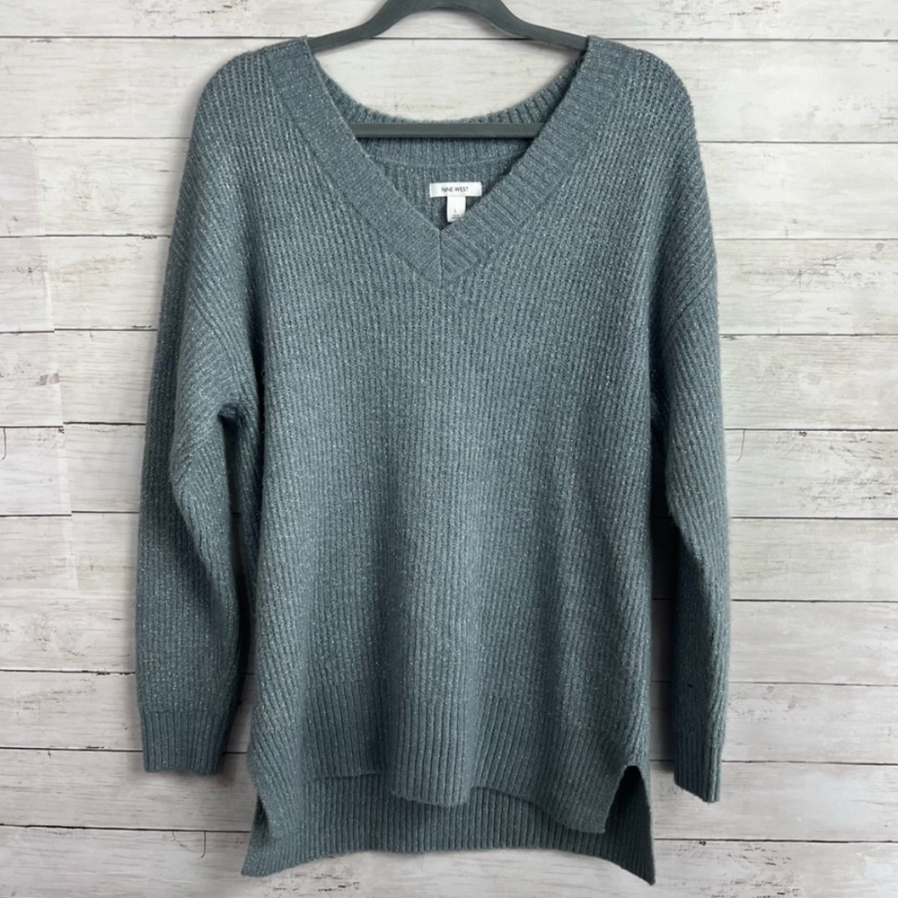 Nine West silver gray subtle metallic shiny long sleeve v-neck fuzzy sweater
